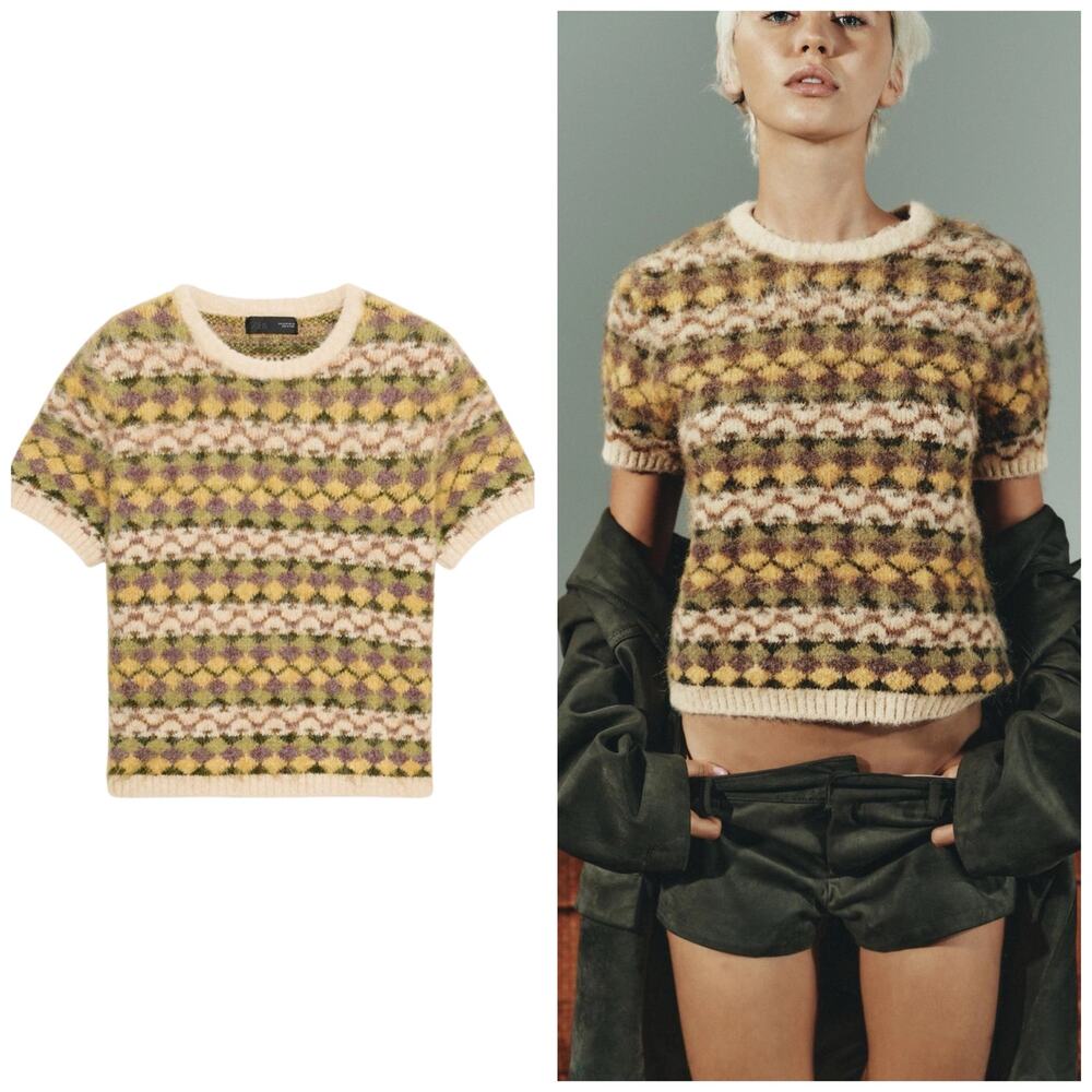 Zara Brushed Effect Jacquard Knit Sweater Small Yellow Green Wool Short Sleeve